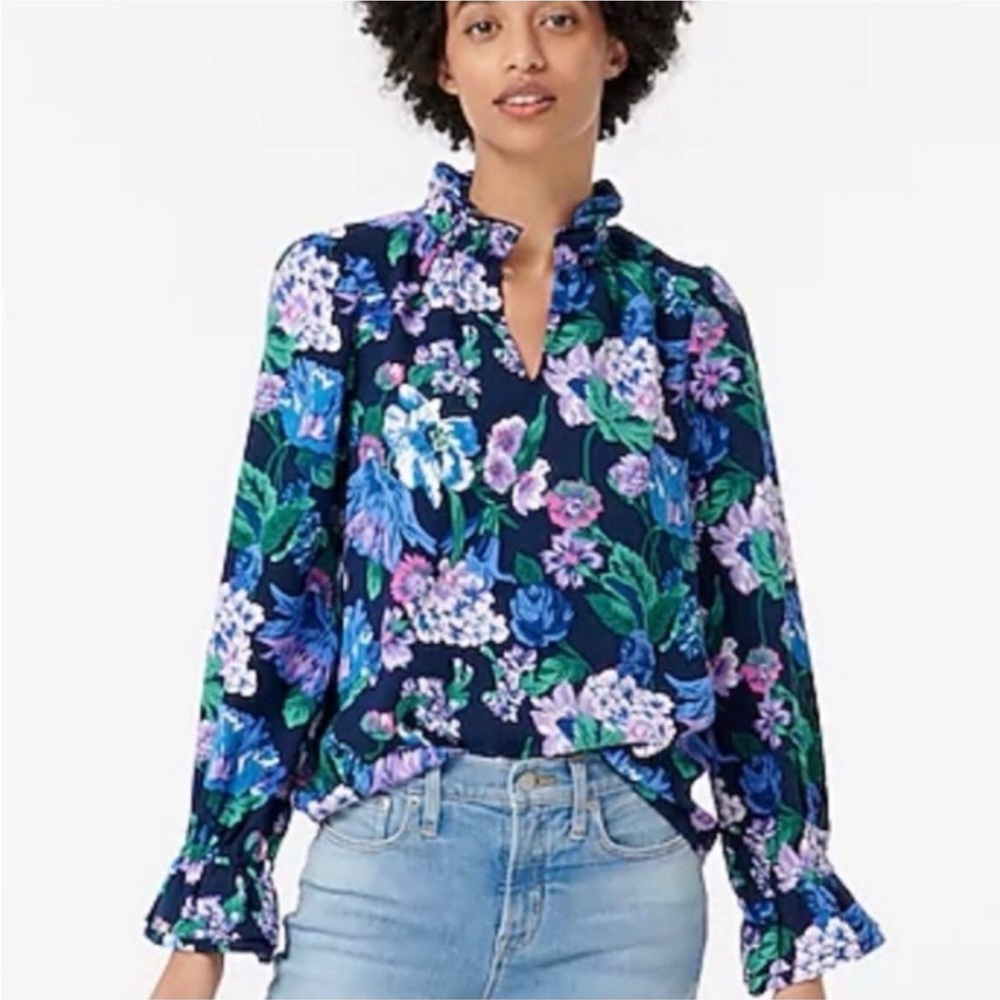 J. Crew Ruffle Neck Blue Floral Long Sleeve Blouse size Women’s XS AOP